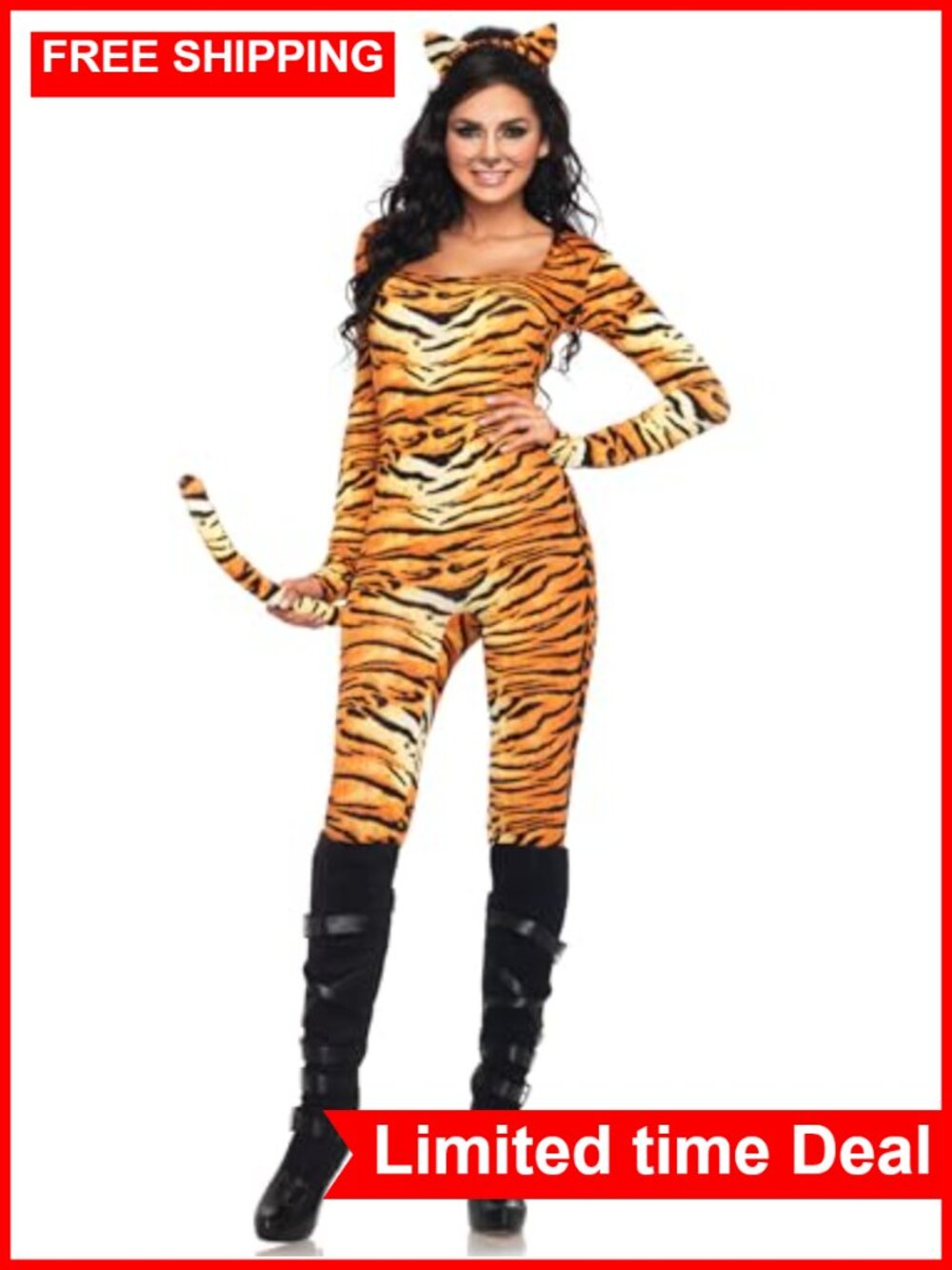 Leg Avenue Wild Tigress Catsuit Costume Set with Tail & Ear Headband